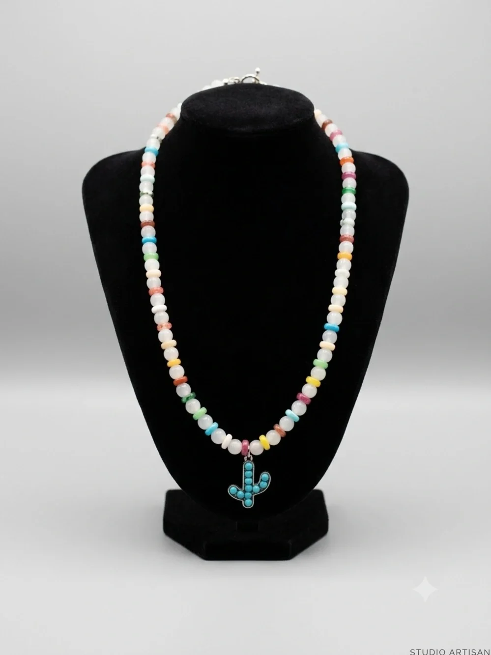 Multi-Color Beaded Necklace with Turquoise Cactus Pendant - Women Jewelry
